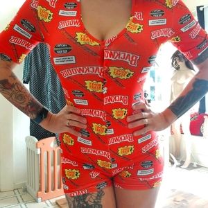 "Backwoods" Red Button up Romper! Cute! L